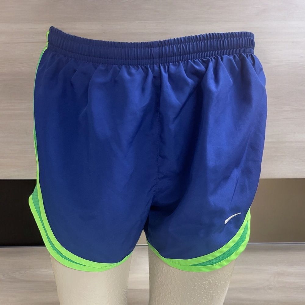 Nike women’s running shorts, dry-fit, royal blue and neon green piping, size S
